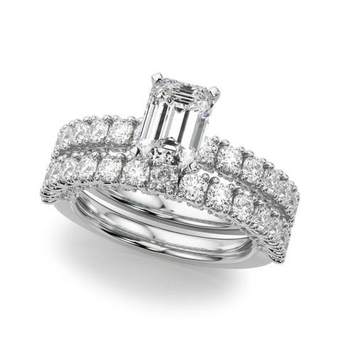 White gold Emerald Diamond Pavé Band Solitaire Ring with Four-Prong Setting