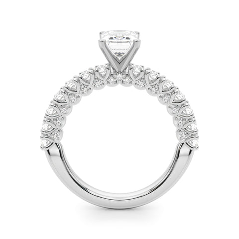 White gold Emerald Diamond Pavé Band Solitaire Ring with Four-Prong Setting