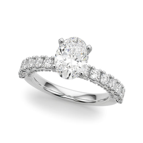 White gold Oval Diamond Pavé Band Solitaire Ring with Four-Prong Setting