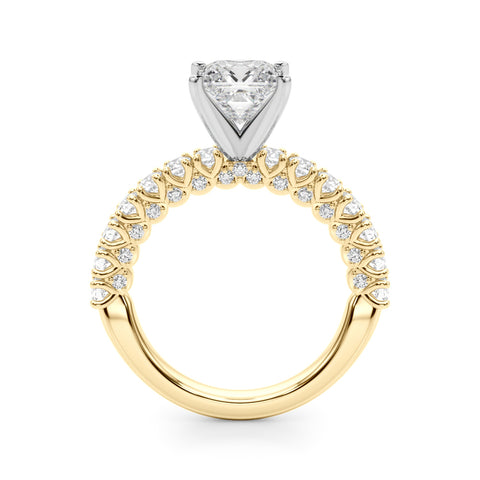 Yellow gold Princess Diamond Pavé Band Solitaire Ring with Four-Prong Setting