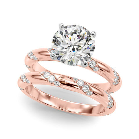 Rose gold Round Solitaire Diamond Engagement Ring with Twisted Pave Band and Four-Prong Setting