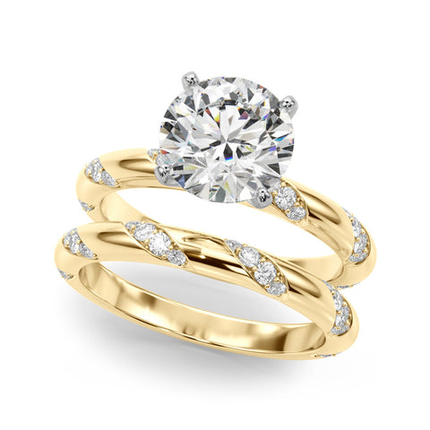 Yellow gold Round Solitaire Diamond Engagement Ring with Twisted Pave Band and Four-Prong Setting