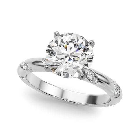 White gold Round Solitaire Diamond Engagement Ring with Twisted Pave Band and Four-Prong Setting