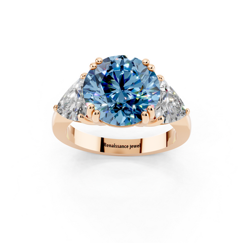 Rose gold Fancy Blue Round cut Brilliant and Trilliant Diamond Three-Stone Ring