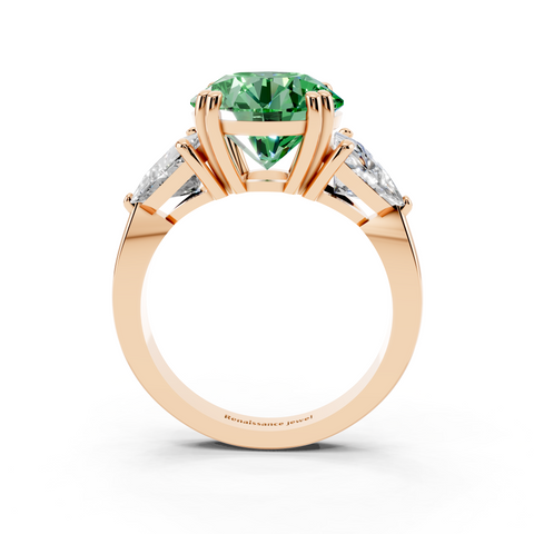 Rose gold Fancy Green Round cut Brilliant and Trilliant Diamond Three-Stone Ring