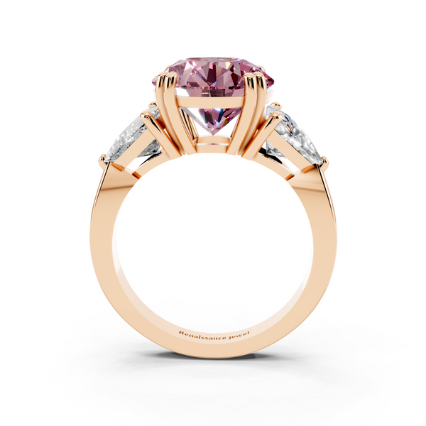 18K Rose Gold 1.05 Carat Pink VVS2 Round Brilliant and Trilliant Diamond Three-Stone Ring