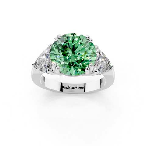 Silver Fancy Green Round cut Brilliant and Trilliant Diamond Three-Stone Ring
