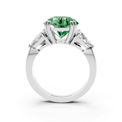 Silver Fancy Green Round cut Brilliant and Trilliant Diamond Three-Stone Ring