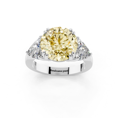 Silver Fancy Yellow Round cut Brilliant and Trilliant Diamond Three-Stone Ring