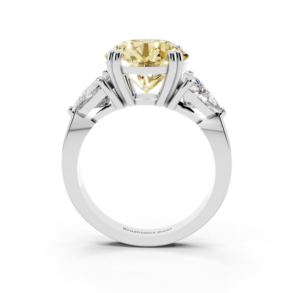 Platinum 3.12 Carat Yellow VVS2 Round Brilliant and Trilliant Diamond Three-Stone Ring