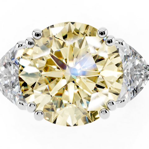 Silver Fancy Yellow Round cut Brilliant and Trilliant Diamond Three-Stone Ring
