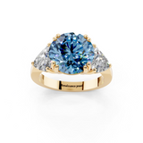 18K Yellow Gold 1.52 Carat Blue VS1 Round Brilliant and Trilliant Diamond Three-Stone Ring