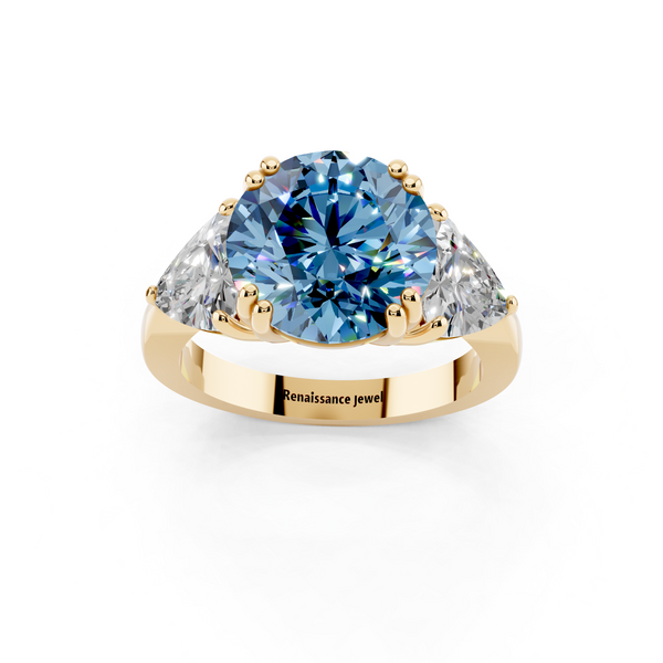 18K Yellow Gold 1.52 Carat Blue VS1 Round Brilliant and Trilliant Diamond Three-Stone Ring