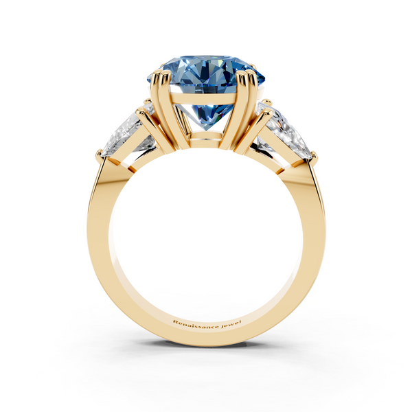 18K Yellow Gold 1.52 Carat Blue VS1 Round Brilliant and Trilliant Diamond Three-Stone Ring