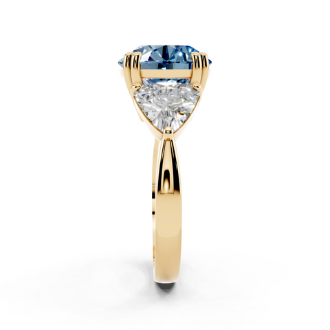 Yellow gold Fancy Blue Round cut Brilliant and Trilliant Diamond Three-Stone Ring
