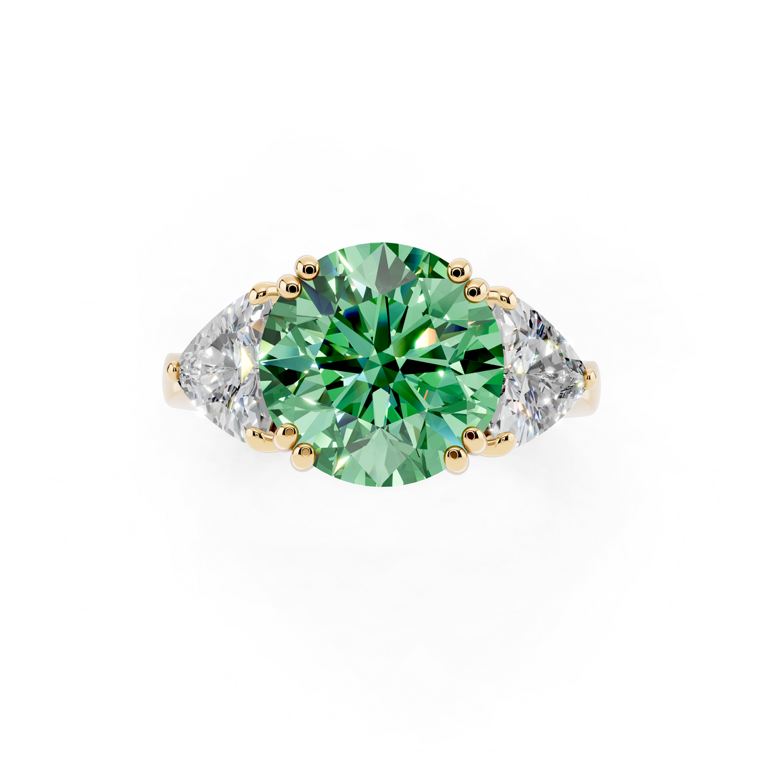 14K Yellow Gold 3.01 Carat Green VS1 Round Brilliant and Trilliant Diamond Three-Stone Ring