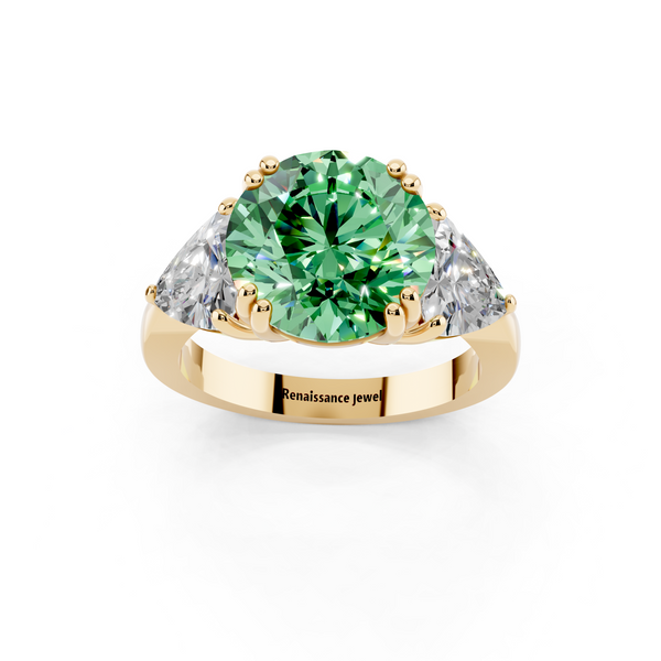 14K Yellow Gold 3.01 Carat Green VS1 Round Brilliant and Trilliant Diamond Three-Stone Ring