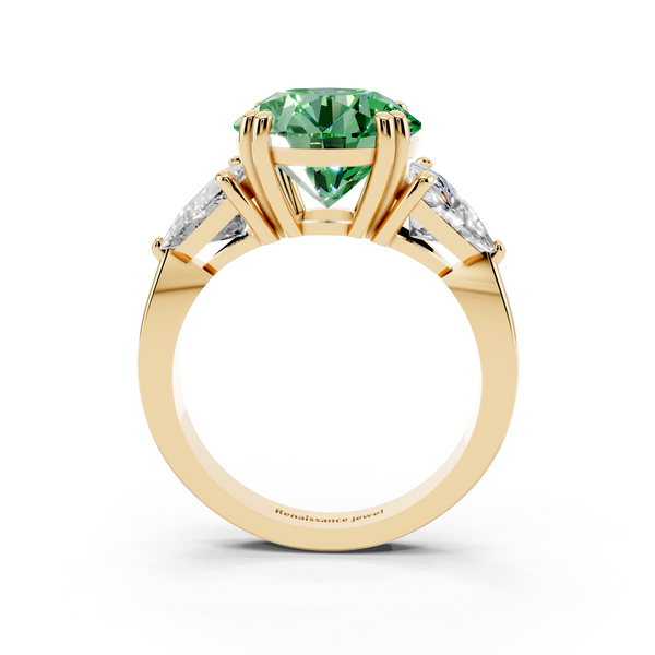 14K Yellow Gold 3.01 Carat Green VS1 Round Brilliant and Trilliant Diamond Three-Stone Ring