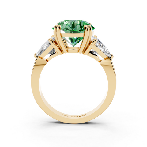 Yellow gold Fancy Green Round cut Brilliant and Trilliant Diamond Three-Stone Ring