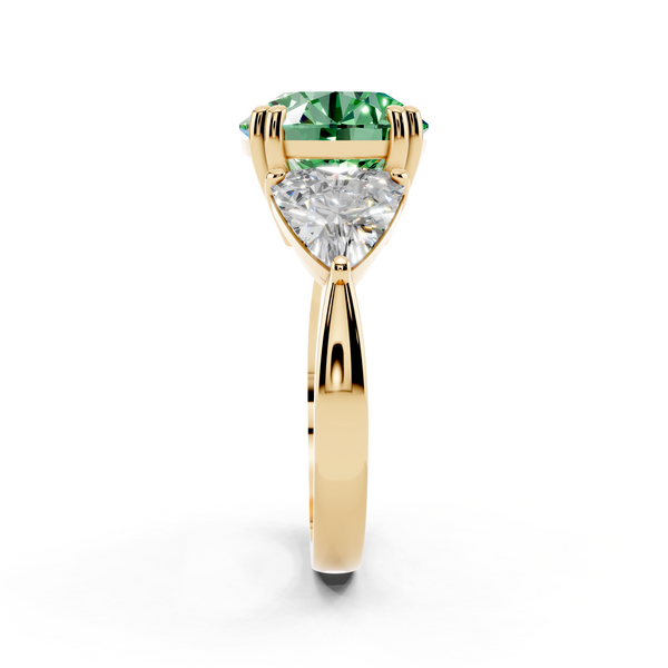 14K Yellow Gold 3.01 Carat Green VS1 Round Brilliant and Trilliant Diamond Three-Stone Ring