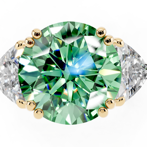 Yellow gold Fancy Green Round cut Brilliant and Trilliant Diamond Three-Stone Ring