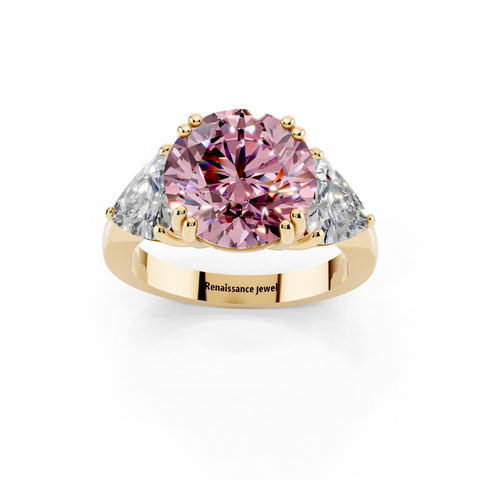 Yellow gold Fancy Pink Round cut Brilliant and Trilliant Diamond Three-Stone Ring