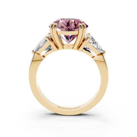 Yellow gold Fancy Pink Round cut Brilliant and Trilliant Diamond Three-Stone Ring