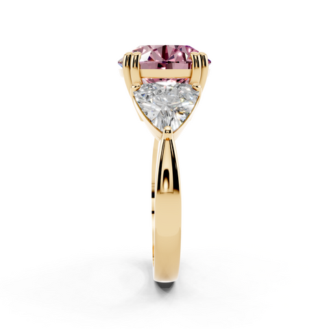 Yellow gold Fancy Pink Round cut Brilliant and Trilliant Diamond Three-Stone Ring