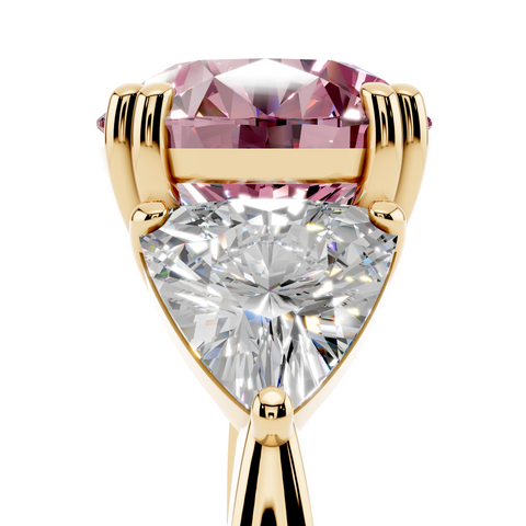 Yellow gold Fancy Pink Round cut Brilliant and Trilliant Diamond Three-Stone Ring