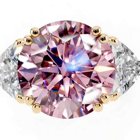 Yellow gold Fancy Pink Round cut Brilliant and Trilliant Diamond Three-Stone Ring