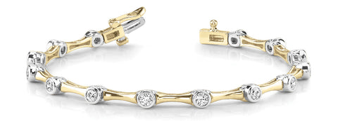Yellow gold Bezel-Set Round Diamond Tennis Bracelet with Bamboo Link Design 1