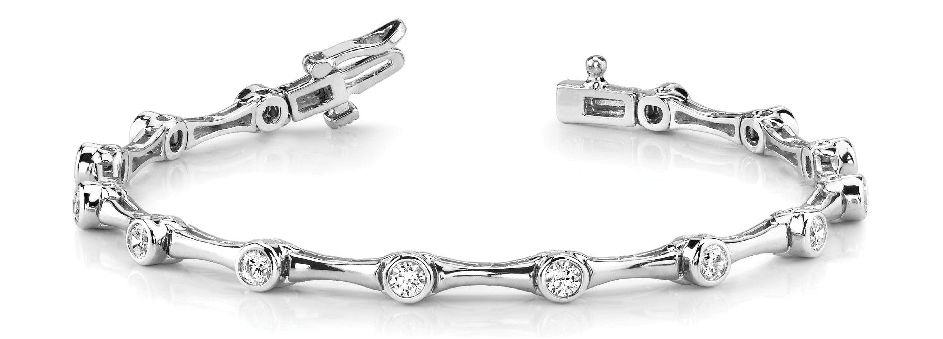 White gold Bezel-Set Round Diamond Tennis Bracelet with Bamboo Link Design 1