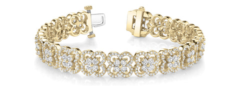 Yellow gold Round Diamond Pavé Flower Motif Tennis Bracelet with Four-Prong Setting 1