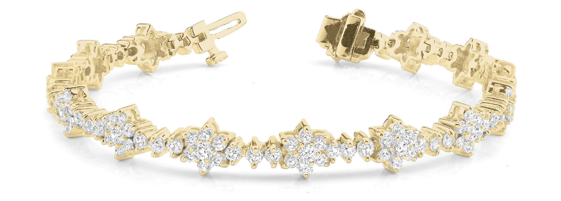 Yellow gold Round Diamond Floral Cluster Tennis Bracelet with Prong Setting 1