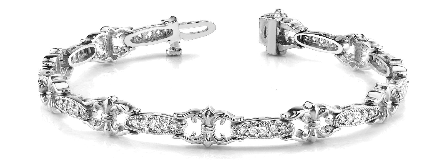 White gold Round Cut Diamond Milgrain Tennis Bracelet with Fleur-de-Lis Prong Setting 1