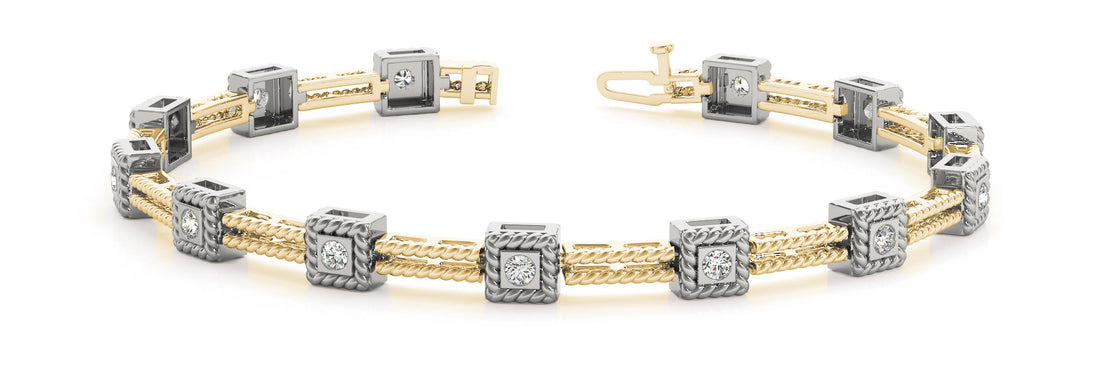 Yellow gold Square Bezel Set Round Diamond Rope Link Bracelet 1