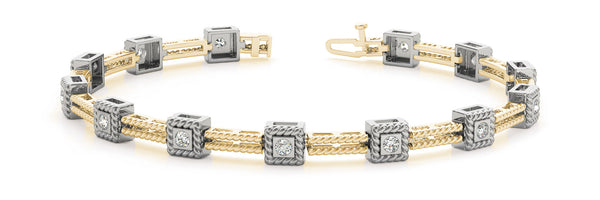 Yellow gold Square Bezel Set Round Diamond Rope Link Bracelet