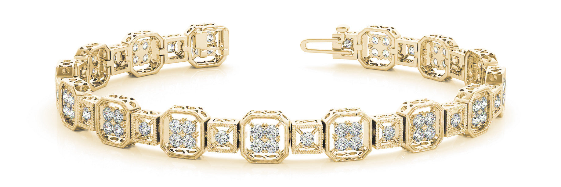 Yellow gold Channel Set Princess Cut Diamond Tennis Bracelet with Milgrain Detailing 1