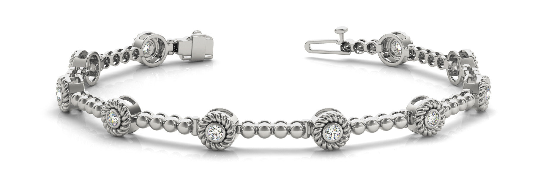 White gold Round Bezel Set Diamond Tennis Bracelet with Beaded Band 1