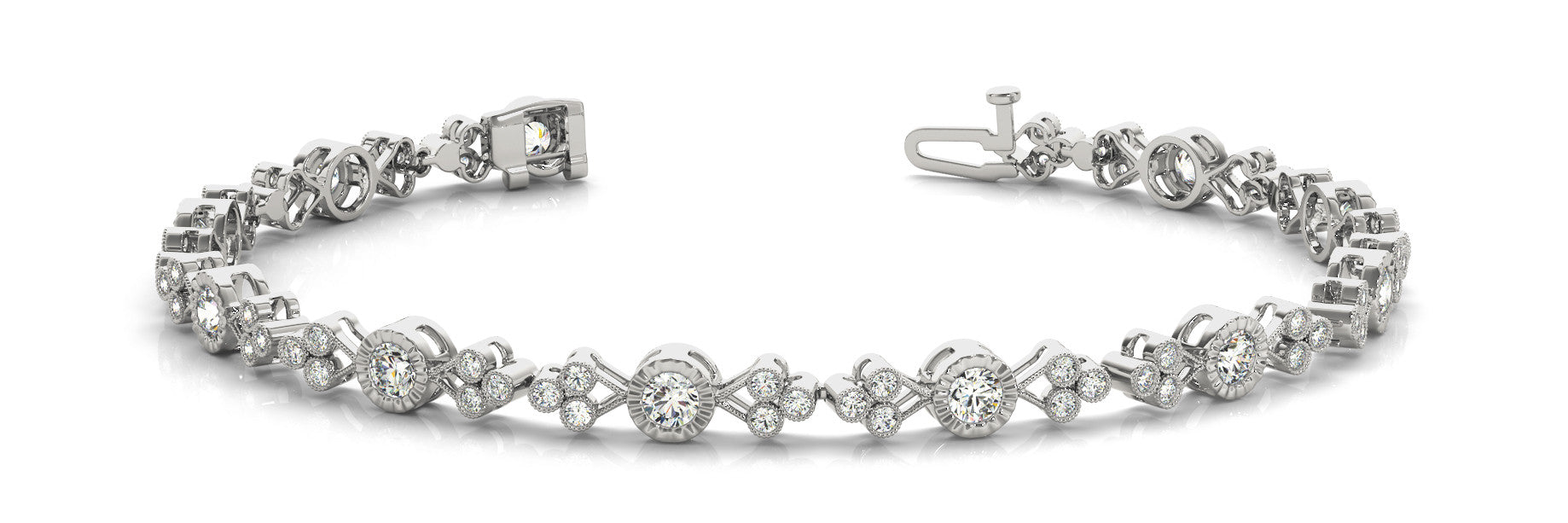 White gold Round Cut Diamond Tennis Bracelet with Bezel Setting and Milgrain Band 1