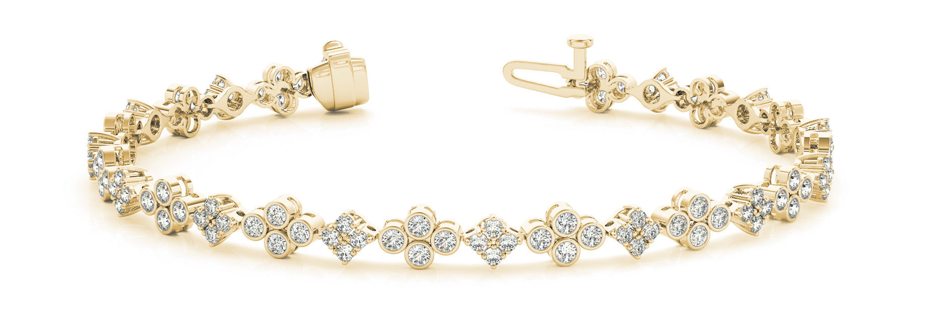 Yellow gold Round Diamond Cluster Tennis Bracelet with Bezel Setting and Four-Prong Clasp 1