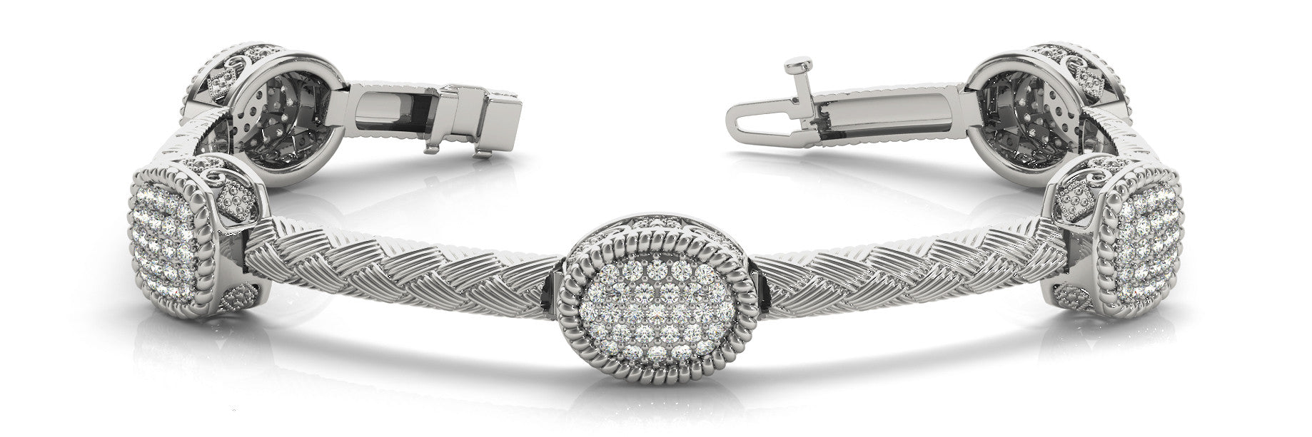 White gold Pavé Round Stone Braided Band Bezel Prong Bracelet 1