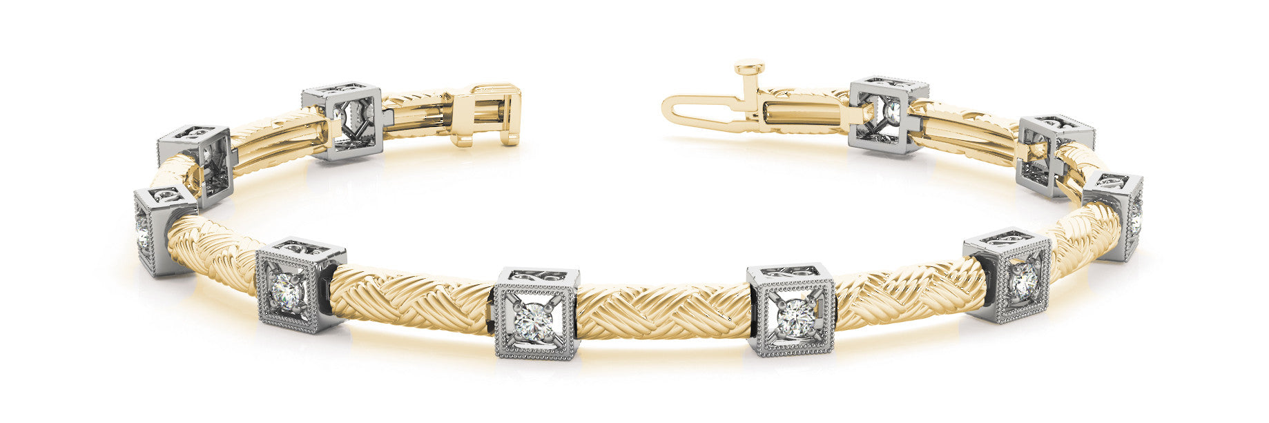 Yellow gold Square Box Diamond Bracelet with Round Cut Stones and Braided Band 1