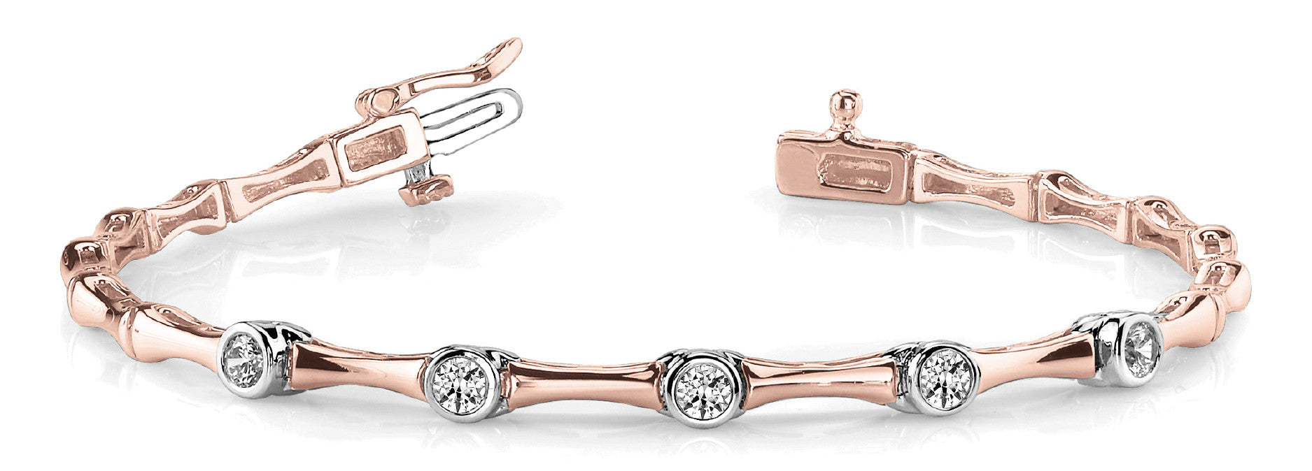 Rose gold Bezel Set Round Diamond Bamboo Link Bracelet 1