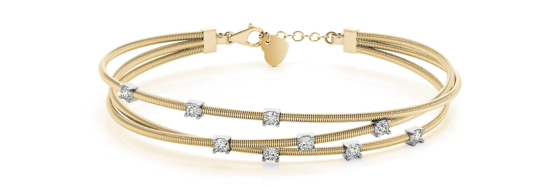 Yellow gold Round Cut Solitaire Stone Triple Coil Cable Bracelet with Four-Prong Setting 1