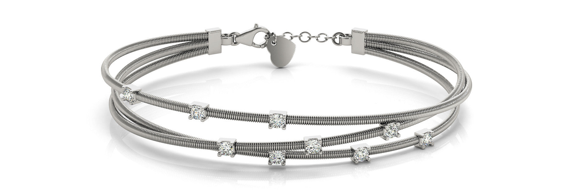 White gold Round Cut Solitaire Stone Triple Coil Cable Bracelet with Four-Prong Setting 1