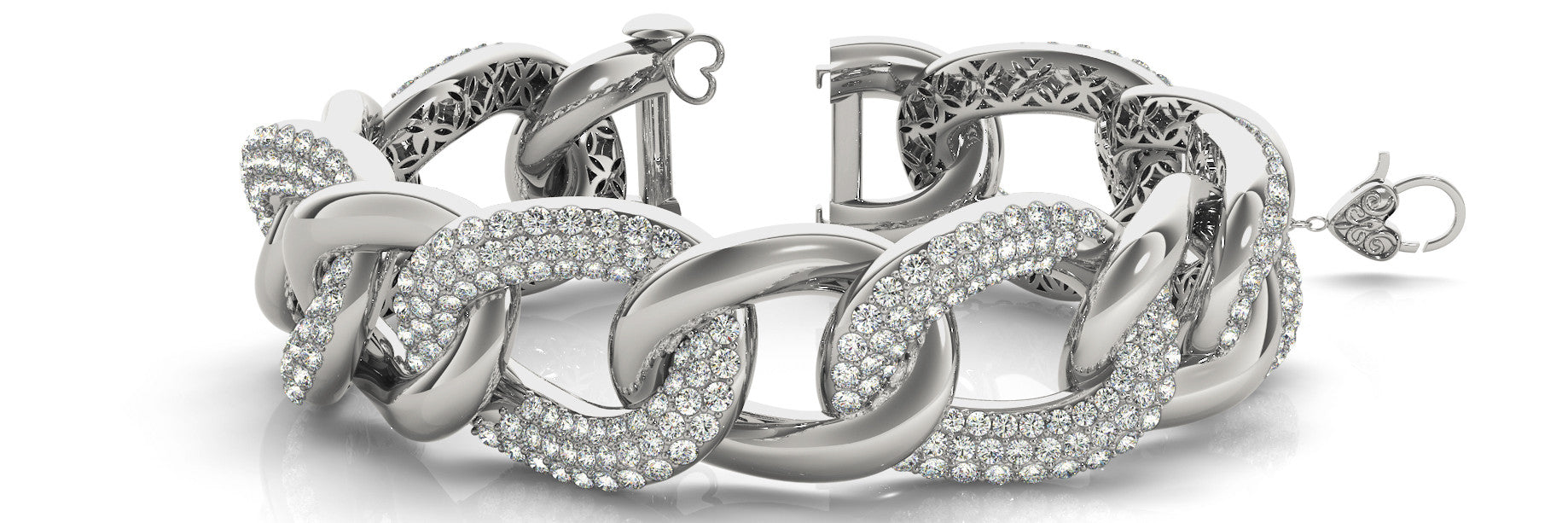White gold Pavé Round Stone Chain Link Bracelet with Heart Clasp 1