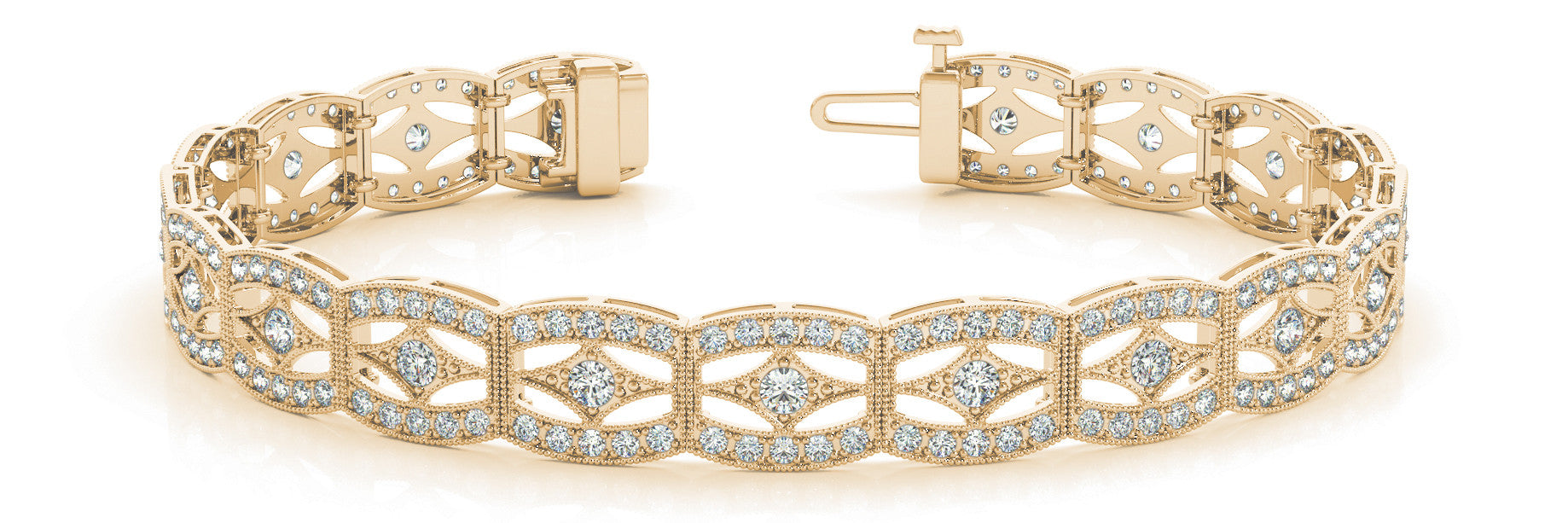Yellow gold Pavé Round Diamond Milgrain Link Bracelet with Prong Setting 1