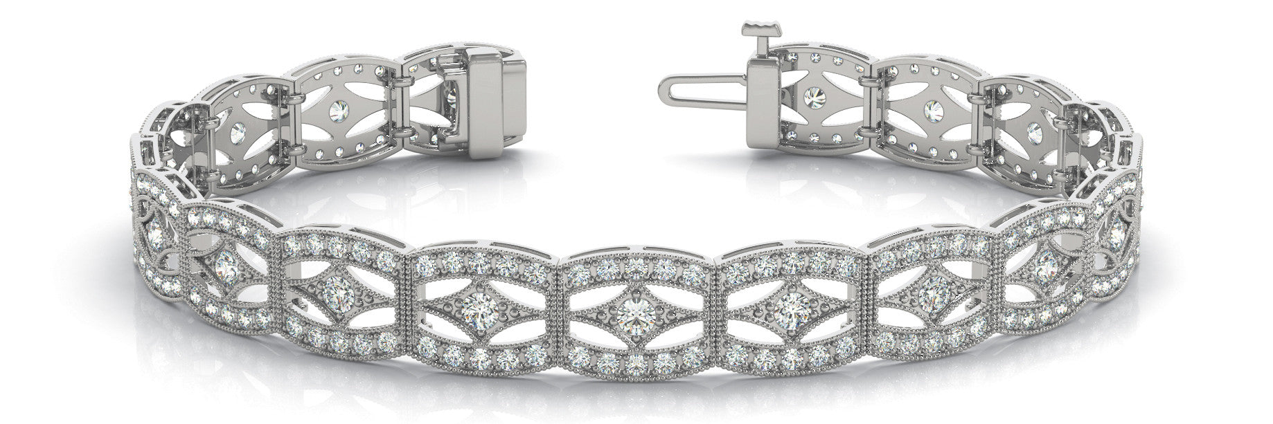 White gold Pavé Round Diamond Milgrain Link Bracelet with Prong Setting 1