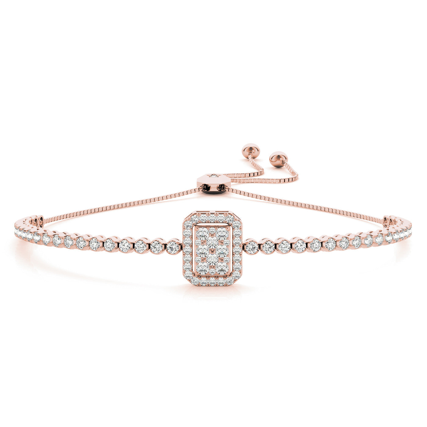 Rose gold Pavé Diamond Square Halo Adjustable Tennis Bracelet 1